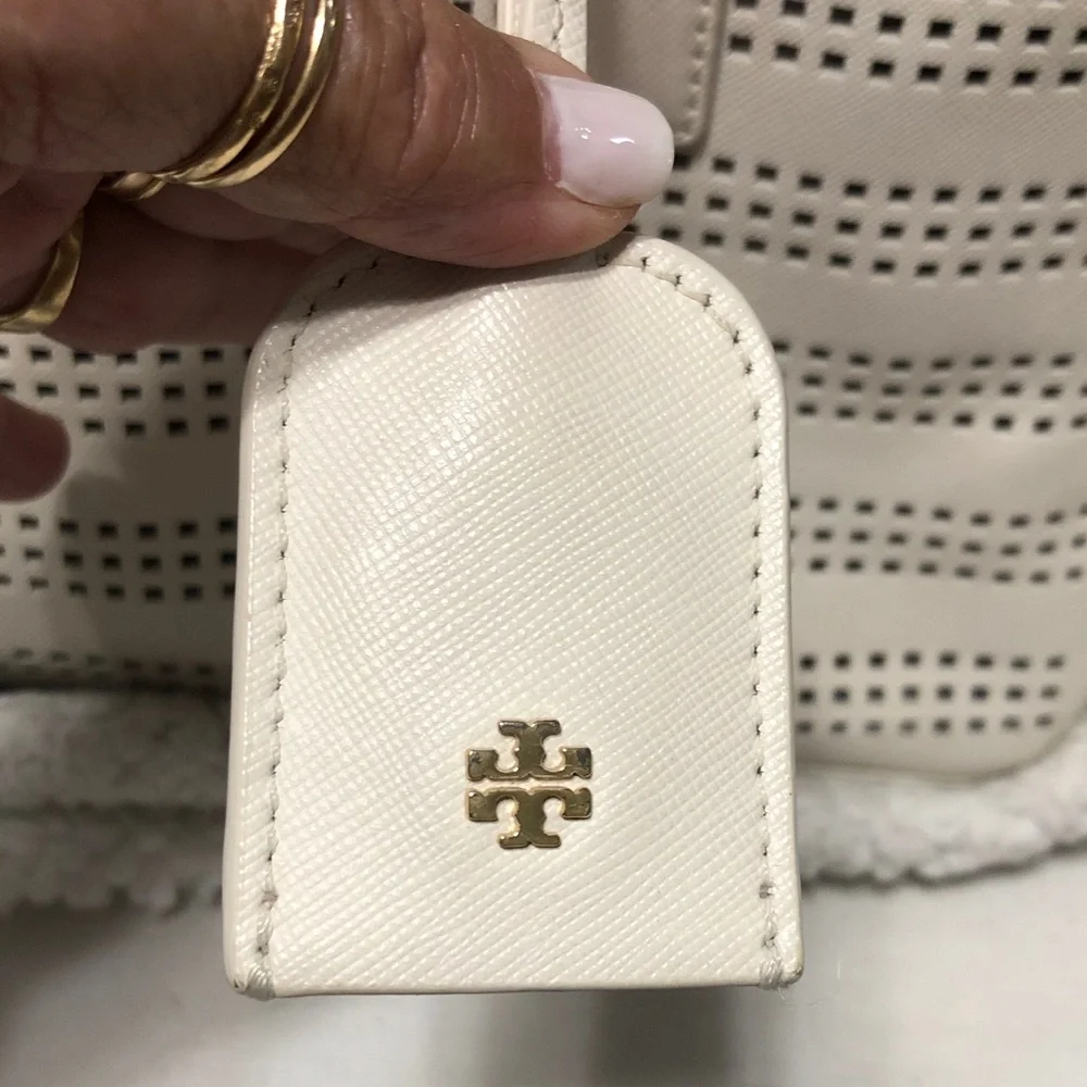 Tory Burch White Perforated Leather Tote with Gold Logo